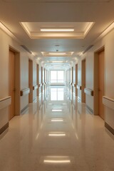 Fototapeta premium Modern hospital corridor interior with clean reflective floors, closed patient room doors, and soft ceiling lighting design creating a sterile professional medical environment