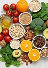 Fresh Fruit and Vegetables with Nuts and Grains in Bowls on White Surface