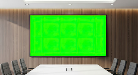 Modern conference room with a large green screen on a wooden wall for mockup.