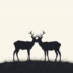 Naklejka premium Pair of Silhouetted Deer in Grassy Field at Sunset