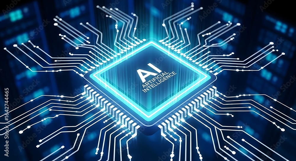Poster ai microchip glowing brightly, integrated within complex circuitry, representing artificial intellig