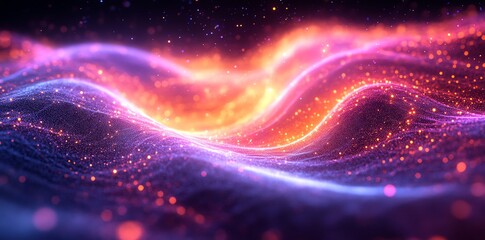Fototapeta premium Colorful Abstract Light Waves with Sparkling Particles in Vibrant Pink Purple and Orange Tones