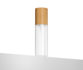 Elegant white foam bottle with natural bamboo cap on a clean surface. 3d illustration