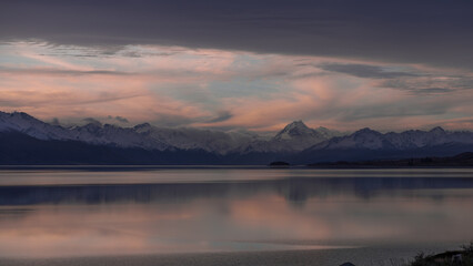 Mt Cook reflected in Lake Pukaki at sunset