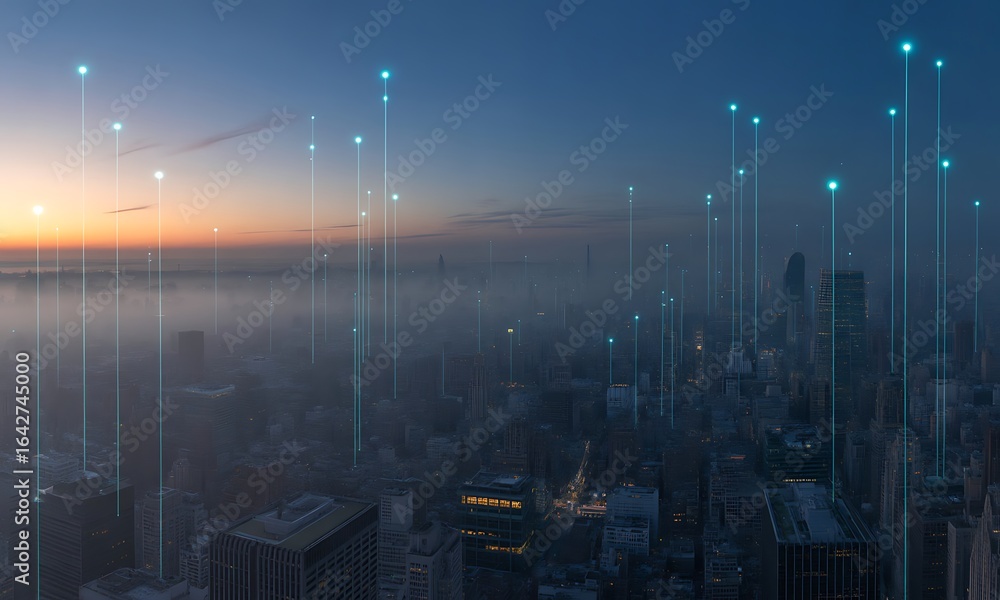 Poster cityscape with data visualization overlay, representing connectivity and technology.