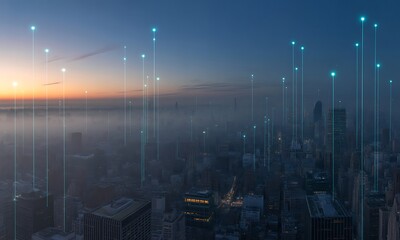 Cityscape with data visualization overlay, representing connectivity and technology.