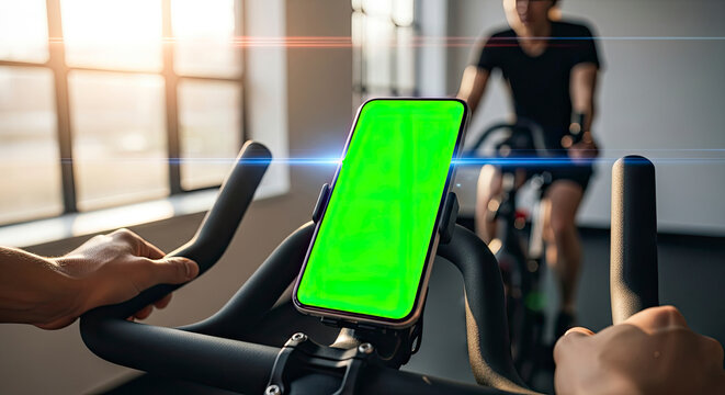 Person exercising on a stationary bike with a green screen smartphone for mockup.