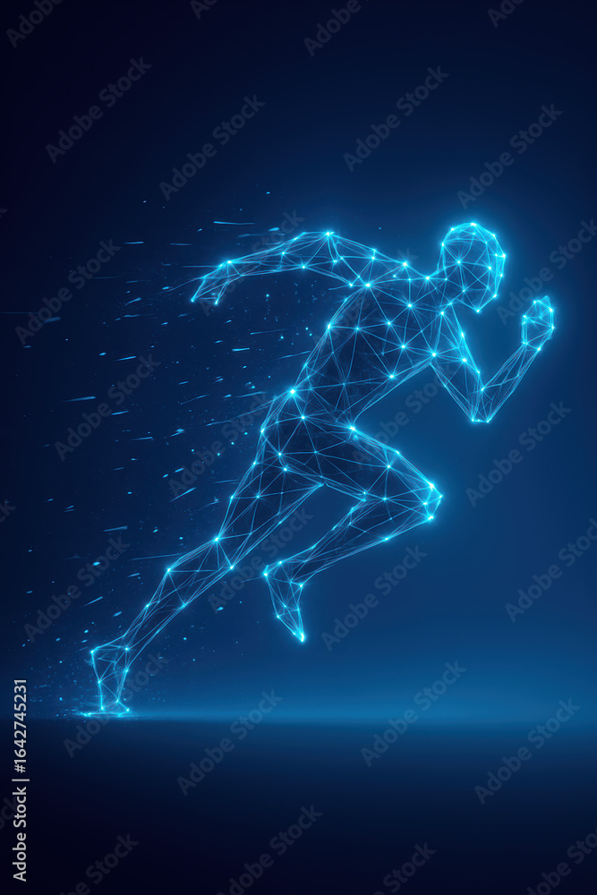Poster motion and speed blend with human form as constellation and network elements create futuristic techn