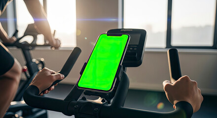 POV of a person on an exercise bike using a smartphone with a green screen for a fitness app mockup.
