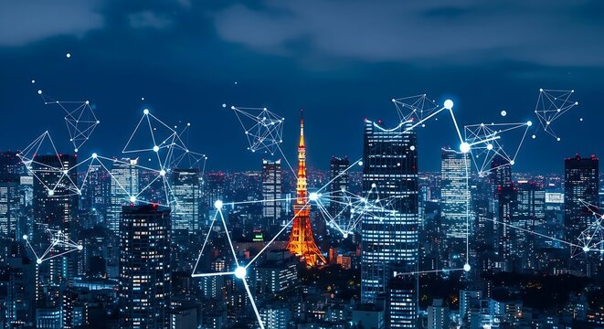 Nighttime cityscape with illuminated tower, overlaid with digital network connections, representing technology.