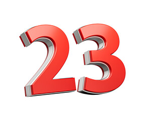 Bold Vibrant Red Number Twenty three Number 23 With Metallic On White Background 3D Illustration