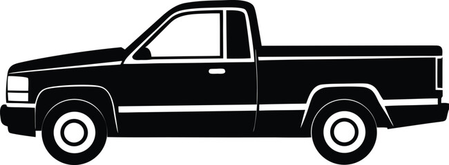 Black and white illustration of a pickup truck, showcasing its side profile and distinct features.
