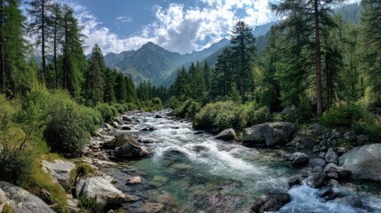 A vibrant river winds through a dense forest, with tall trees lining its banks and towering mountains in the background under a clear blue sky during the daytime.