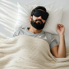 Man Sleeping Peacefully With Eye Mask And Blanket, White Background