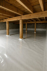 Vapor barrier and wooden beams create a sanctuary protecting foundation with moisture control and stability