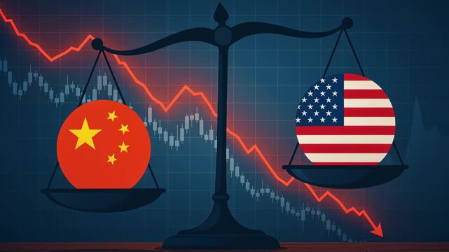 Global market tension depicted by scale balancing country flags with downward trend graph showing economic impact and global