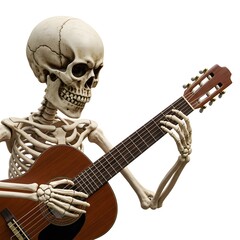 Fototapeta premium A skeletal figure is shown strumming a classical guitar, set against a stark white background in the studio.