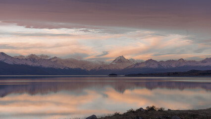 Mt Cook reflected in Lake Pukaki at sunset
