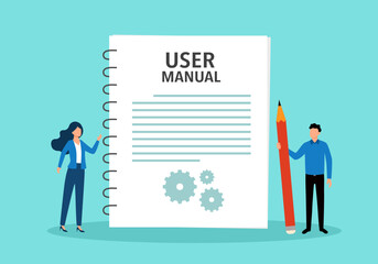 Employee with user guide manual or handbook in flat design vector illustration.
