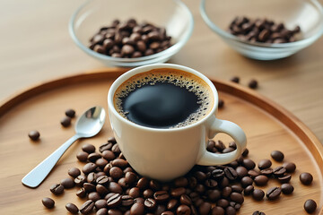 Obraz premium Black Coffee in White Cup with Coffee Beans on Wooden Tray Aromatic Dark Coffee with Roasted Coffee Beans and Spoon