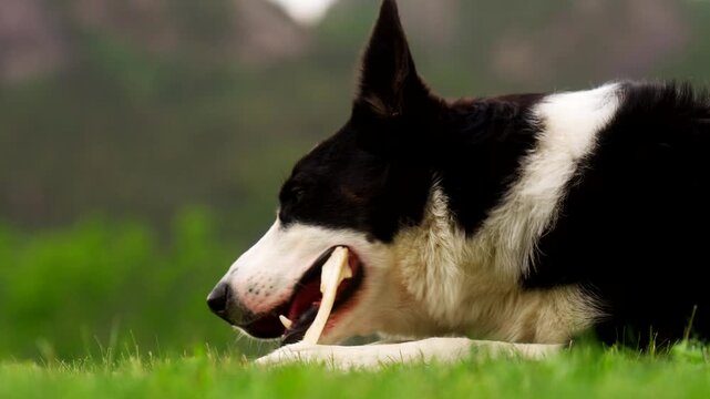 Adorable black and white border collie pet dog on lawn chews bone, telephoto