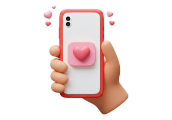 赤いフレームの携帯電話を持つ3Dの手 ピンクのハートが透明な背景に浮かんでいます