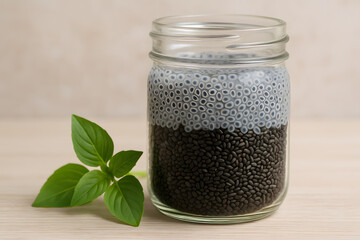 Basil Seeds in Jar: A close-up shot reveals a jar of basil seeds, perfectly preserved and juxtaposed with vibrant basil leaves, capturing the essence of natural health.