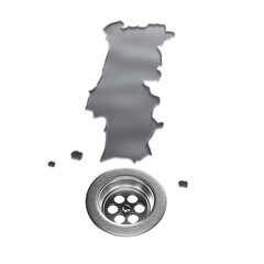 Portugal Water Map With Drainage Metal Sink Save Water. 3D Illustration
