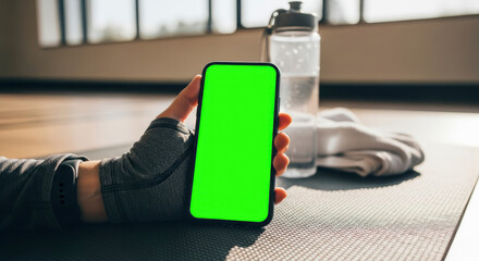 Person using a smartphone with a green screen while exercising on a yoga mat.