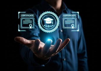 Man holding digital certificate icon with graduation cap, symbolizing online learning achievement. Concept of e-learning, remote education, and professional certification system.