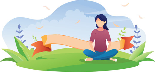 A woman sitting on the grass holds a colorful banner, smiling and enjoying a sunny day outdoors.