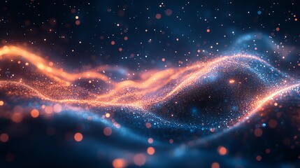 Fototapeta premium Abstract Dynamic Light Wave Pattern with Sparkling Particles in Blue and Orange Colors
