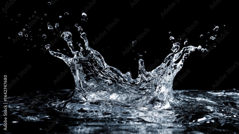 Poster water erupts upward creating a stunning display of droplets against a solid black backdrop. the move