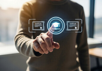 Man holding digital certificate icon with graduation cap, symbolizing online learning achievement. Concept of e-learning, remote education, and professional certification system.