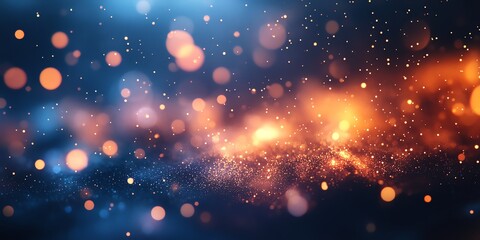Abstract Blue and Orange Sparkling Light Bokeh Background with Glowing Particles