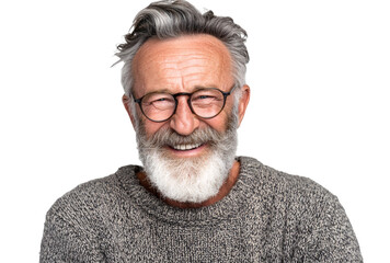 Obraz premium Portrait of a mature man with white beard and glasses, wearing a gray sweater, smiling happily.