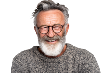 Portrait of a mature man with white beard and glasses, wearing a gray sweater, smiling happily.