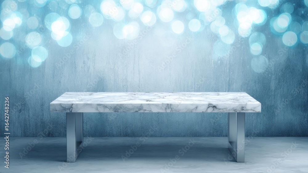 Poster a sleek marble table stands prominently in a minimalist space, with a soft bokeh backdrop enhancing 