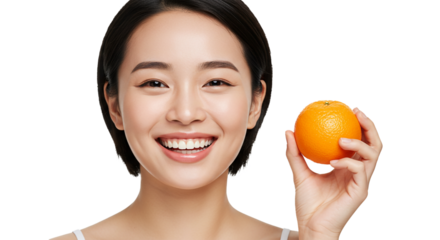 A cheerful young woman with a wide smile holds a bright orange, representing healthy eating and a vibrant lifestyle.