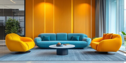 Interior design of a modern apartment, featuring a turquoise sofa and yellow armchairs in the living room, complemented by a mock-up wall for versatile interior design possibilities, Generative AI