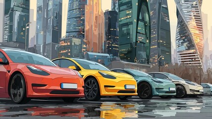 Electric cars parked or driving in modern cities, symbolizing clean transportation, green innovation, and future-forward mobility