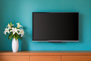 A sleek modern smart TV with a blank black screen hangs on a vibrant teal wall, flanked by a minimalist ceramic vase holding fresh white lilies