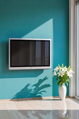 A sleek modern smart TV with a blank black screen hangs on a vibrant teal wall, flanked by a minimalist ceramic vase holding fresh white lilies