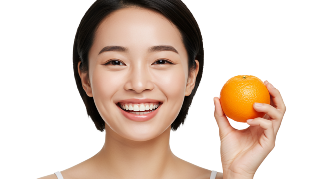 A cheerful young woman with a wide smile holds a bright orange, representing healthy eating and a vibrant lifestyle.