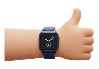 青いスマートウォッチを身に着けている親指を立てる手の3Dレンダリング、透明な背景