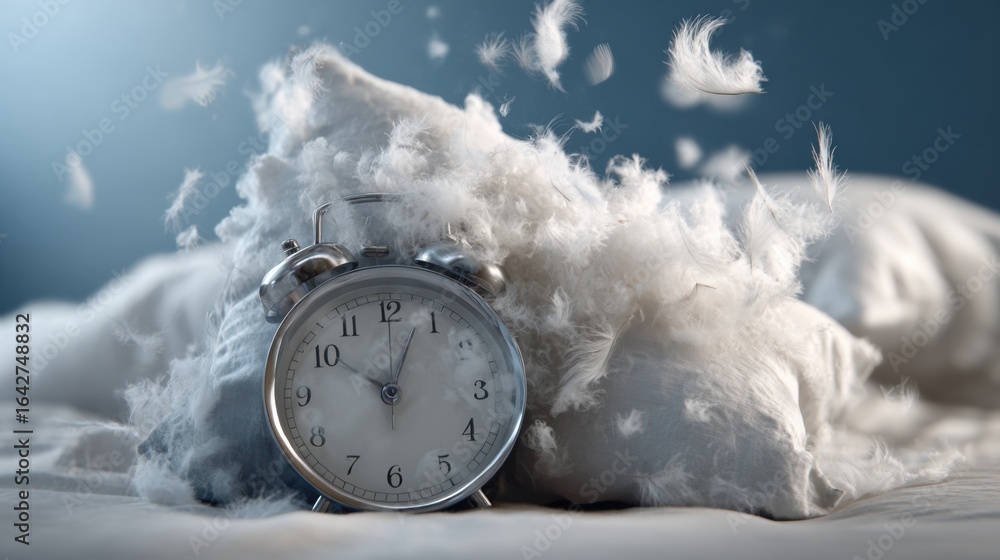 Poster a clock sits atop a bed, partially obscured by fluffy feathers scattered from a pillow. the serene s