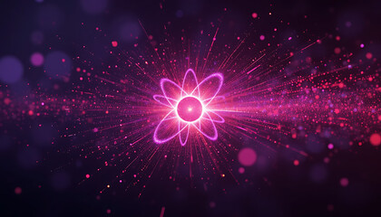 Abstract blust in the middle and tine particles in warm colors spreading from the burst all the way in dark purple background, sparkling, quantum energy theme, negative space on the right , shimmering