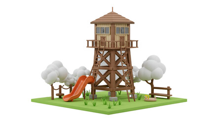 A charming cartoon playground features a tall wooden tower with an orange slide and whimsical white trees, perfect for children's outdoor fun.