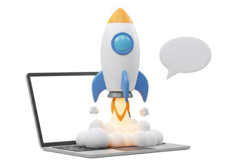 ノートパソコンから打ち上げられる白いロケットの3Dレンダリング 透明な背景に煙と炎を伴うビジネススタートアップ