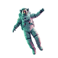 Fototapeta premium Astronaut Floating in Zero Gravity with Teal and Pink Lights on Transparent Background